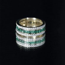 Load image into Gallery viewer, Three Row Lab Created Emerald and Moissanite Wedding Band