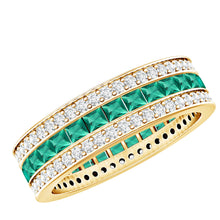 Load image into Gallery viewer, Three Row Lab Created Emerald and Moissanite Wedding Band