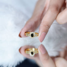 Load image into Gallery viewer, Genuine Black Onyx and Diamond Promise Ring Set in Yellow Gold Plated Silver