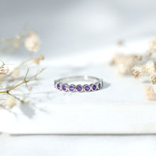 Load image into Gallery viewer, Bezel Set Natural Amethyst Half Eternity Wedding Band in Silver