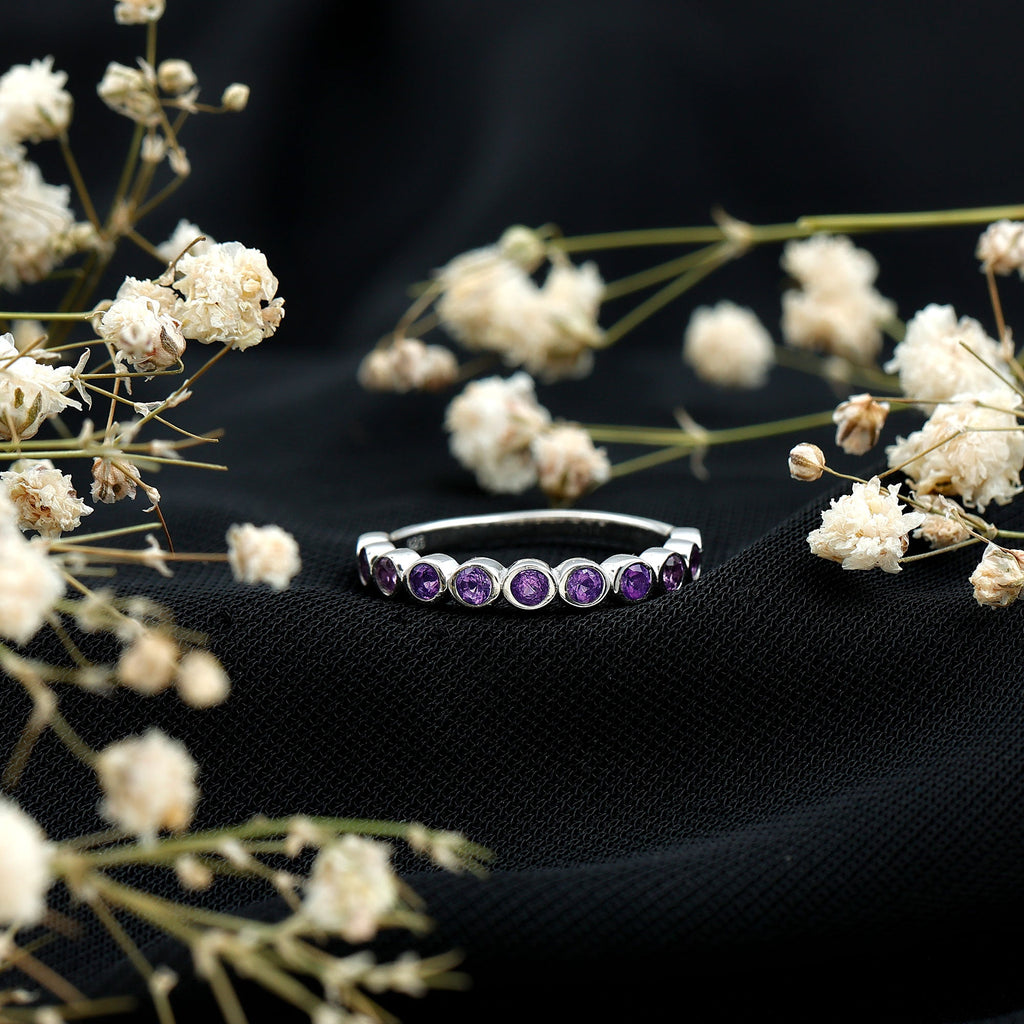 Bezel Set Natural Amethyst Half Eternity Wedding Band in Silver