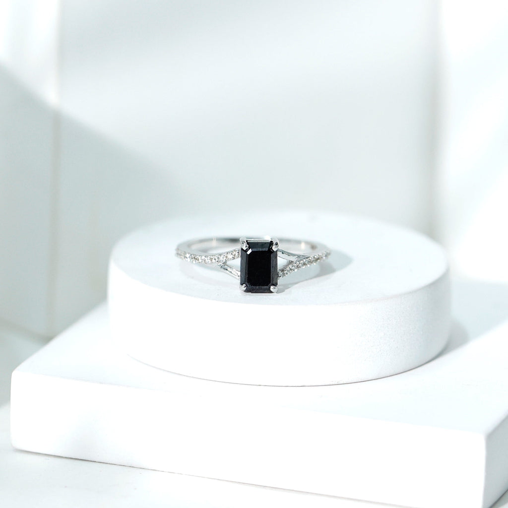8X10MM Emerald Cut Lab Created Black Diamond Engagement Ring