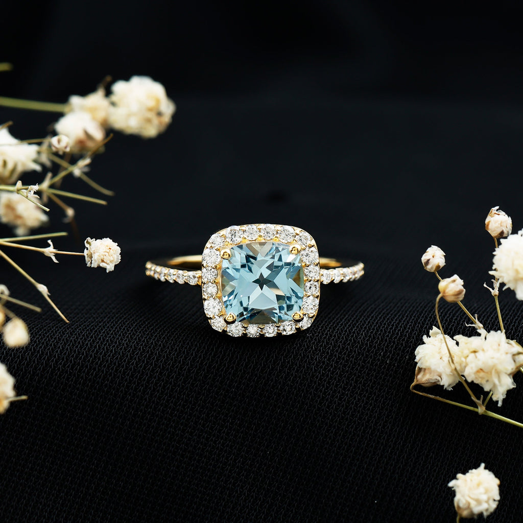 2 Carat Cushion Cut Sky Blue Topaz and Diamond Engagement Ring