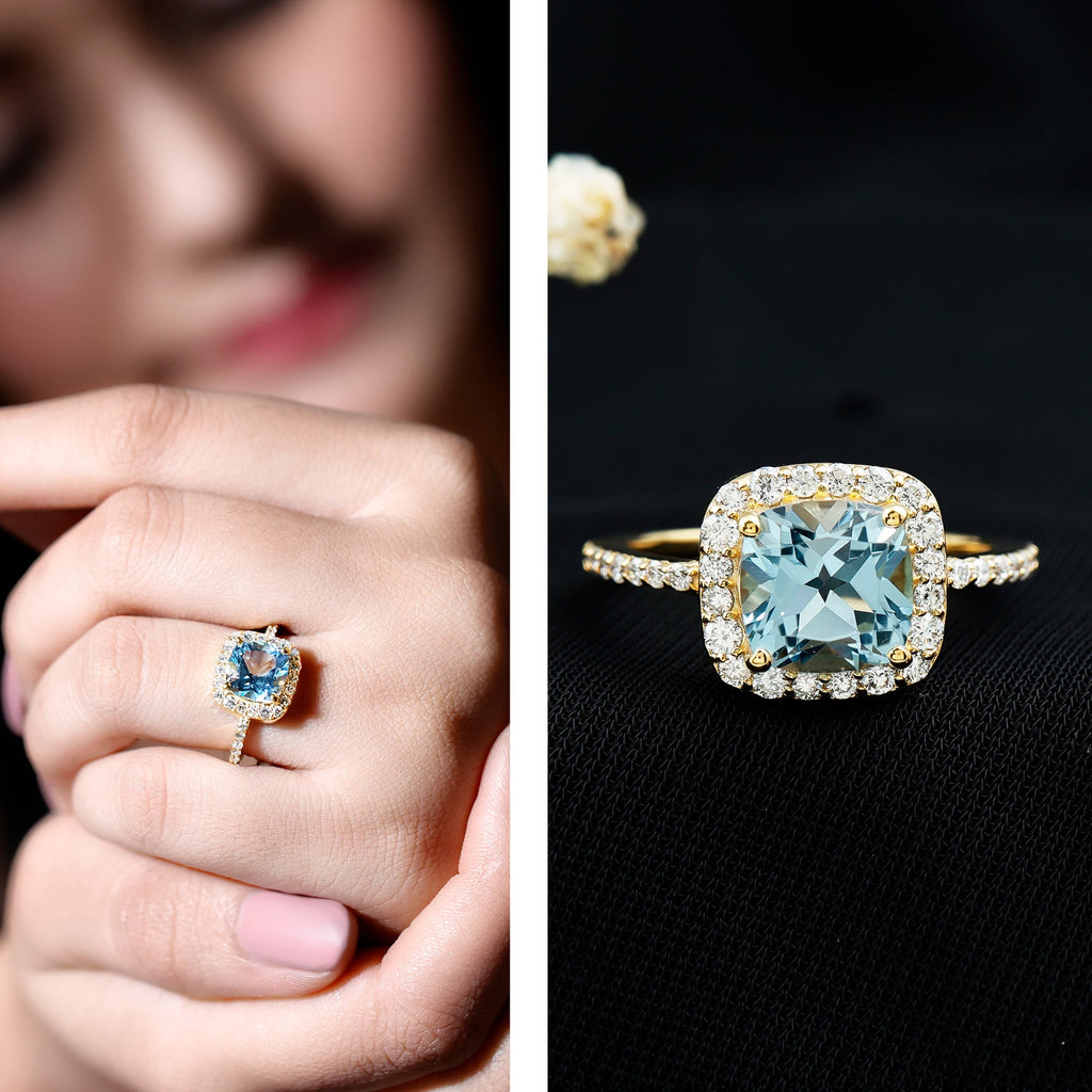 2 Carat Cushion Cut Sky Blue Topaz and Diamond Engagement Ring