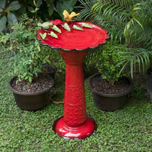 Load image into Gallery viewer, Red Metal Outdoor Garden Patio Birdbath with Decorative Bird Leaf Figurines