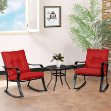Load image into Gallery viewer, Outdoor 3-Piece Patio Furniture Rocking Chairs Table Set with Red Cushions