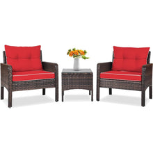 Load image into Gallery viewer, 3-Piece Brown PE Rattan Outdoor Dining Patio Furniture Set with Red Cushions