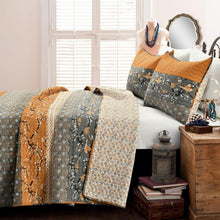 Load image into Gallery viewer, Full/Queen Size Orange Grey Floral Birds Reversible 3 Piece Quilt Set