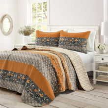 Load image into Gallery viewer, King Size Orange Grey Floral Birds Reversible 3 Piece Quilt Set
