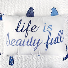 Load image into Gallery viewer, Full/Queen Blue White Navy Floral Birds On Wire Lightweight 7 Piece Quilt Set