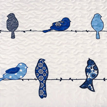 Load image into Gallery viewer, Full/Queen Blue White Navy Floral Birds On Wire Lightweight 7 Piece Quilt Set