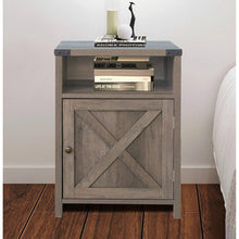 Load image into Gallery viewer, Farmhouse Style End Table Barn Door Nightstand with Open Shelf in Rustic Oak