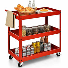 Load image into Gallery viewer, Red Steel Frame Kitchen Serving Utility Cart on Wheels with 2 Bottom Shelves