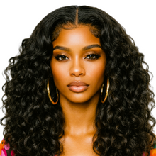 Load image into Gallery viewer, Black 24' Bomb Funmi Curly 6 Inch Deep Part Hairline Thick Layered Bouncy Glueless Pre-Cut Lace Wig