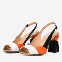Load image into Gallery viewer, The Rize Black &amp; Orange Pumpkin Heel Leather Women Sandal