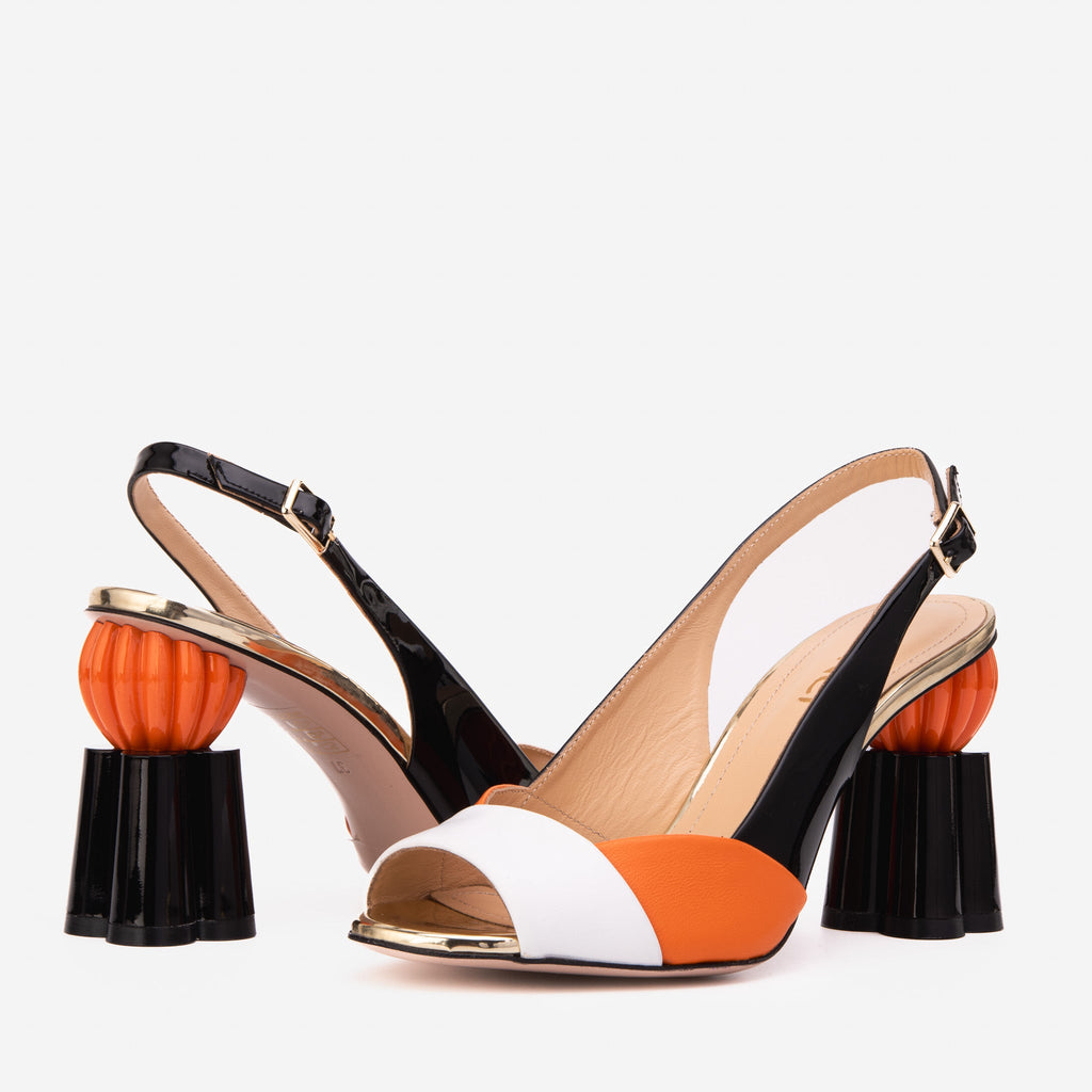 The Rize Black & Orange Pumpkin Heel Leather Women Sandal