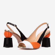 Load image into Gallery viewer, The Rize Black &amp; Orange Pumpkin Heel Leather Women Sandal