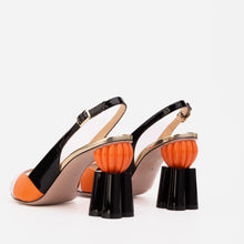 Load image into Gallery viewer, The Rize Black &amp; Orange Pumpkin Heel Leather Women Sandal