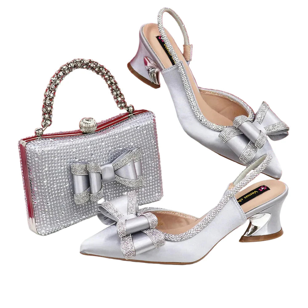 Med Heel Shoes for Women Italian Design Shoes and Bag Set ED345