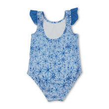 Load image into Gallery viewer, Blue flutter sleeves floral baby girls summer swimsuit