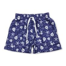 Load image into Gallery viewer, Blue starfish boat crab kids boys summer swim trunks