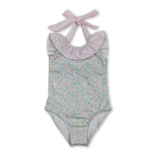 Load image into Gallery viewer, Sleeveless pink stripe ruffle floral girls one piece swimsuit