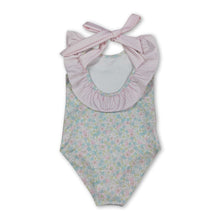 Load image into Gallery viewer, Sleeveless pink stripe ruffle floral girls one piece swimsuit