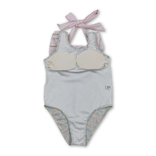Load image into Gallery viewer, Sleeveless pink stripe ruffle floral girls one piece swimsuit