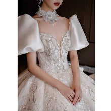 Load image into Gallery viewer, Glitter Satin Wedding Dress With High Neck EDL54