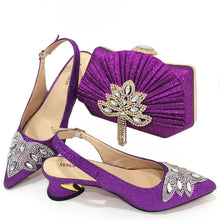 Load image into Gallery viewer, Women's Silver Mid Heels Frosted Crystal Shoes And Bag Set