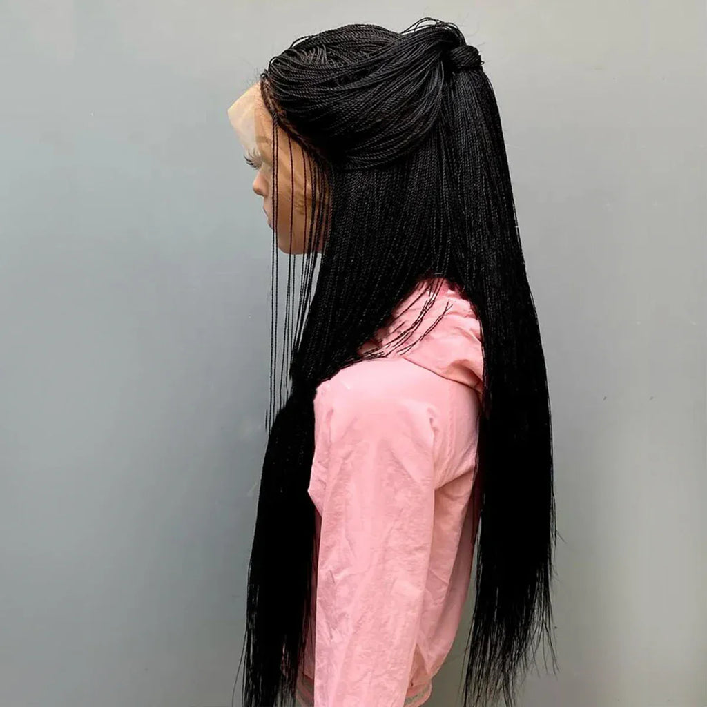 28" Micro Twist Braided Wig | 1B Black | Front Lace | Glueless | Petite Cap | For Black Women