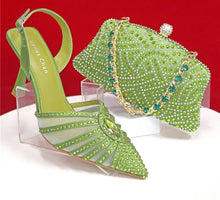Load image into Gallery viewer, Women's Green Heels and Rhinestone Handbag Set GTR54