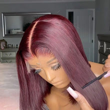 Load image into Gallery viewer, Short Bob Straight 99J Red Burgundy Color Synthetic 13X4 HD Lace Front Wig For Black Women Prepucked With Baby Hair Glueless Wig