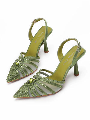 Women's Green Heels and Rhinestone Handbag Set GTR54