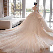 Load image into Gallery viewer, Glitter Satin Wedding Dress With High Neck EDL54