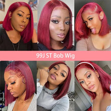 Load image into Gallery viewer, Short Bob Straight 99J Red Burgundy Color Synthetic 13X4 HD Lace Front Wig For Black Women Prepucked With Baby Hair Glueless Wig