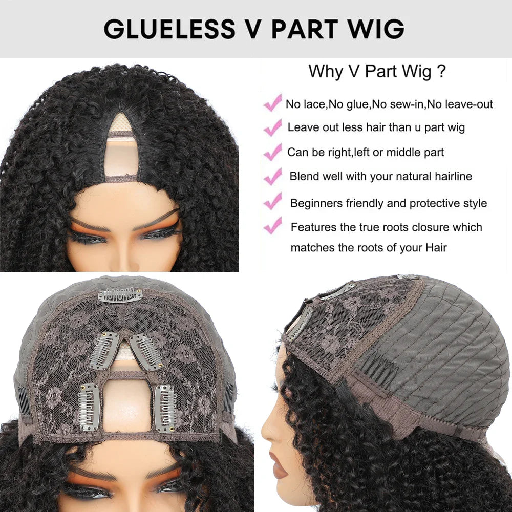 200% Density Afro Kinky Curly Human Hair V Part Wig for Africa-American Women V Part Wig Easy Install Machine Made SewIn Wig