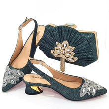 Load image into Gallery viewer, Women's Silver Mid Heels Frosted Crystal Shoes And Bag Set
