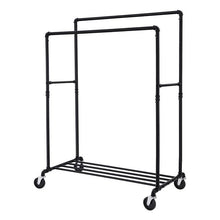 Load image into Gallery viewer, Heavy Duty Rustic Pipe Black Double-Rail Clothes Garment Rack w/ Locking Wheels