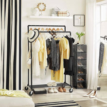 Load image into Gallery viewer, Heavy Duty Rustic Pipe Black Double-Rail Clothes Garment Rack w/ Locking Wheels
