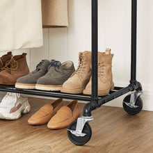 Load image into Gallery viewer, Heavy Duty Rustic Pipe Black Double-Rail Clothes Garment Rack w/ Locking Wheels