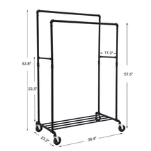 Load image into Gallery viewer, Heavy Duty Rustic Pipe Black Double-Rail Clothes Garment Rack w/ Locking Wheels