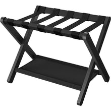 Load image into Gallery viewer, Sturdy Bamboo Luggage Rack in Black Wood Finish with Lower Storage Shelf