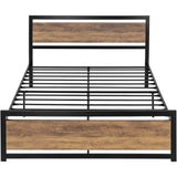 Full Metal Platform Bed Frame with Brown Wood Panel Headboard and Footboard