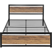 Load image into Gallery viewer, Queen Metal Platform Bed Frame with Brown Wood Panel Headboard and Footboard