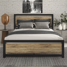 Load image into Gallery viewer, Queen Metal Platform Bed Frame with Brown Wood Panel Headboard and Footboard