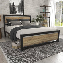 Load image into Gallery viewer, Queen Metal Platform Bed Frame with Brown Wood Panel Headboard and Footboard