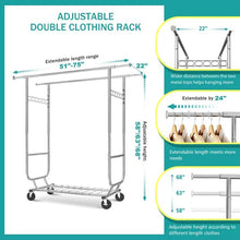 Load image into Gallery viewer, Heavy Duty Double Bar Clothes Garment Rack on Wheels - 600 lbs Capacity