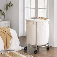 Load image into Gallery viewer, Round 45-Gallon Laundry Basket Hamper w/ Cream Fabric Bag Steel Frame on Wheels