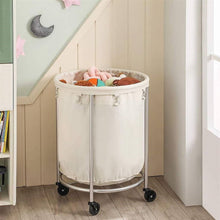Load image into Gallery viewer, Round 45-Gallon Laundry Basket Hamper w/ Cream Fabric Bag Steel Frame on Wheels